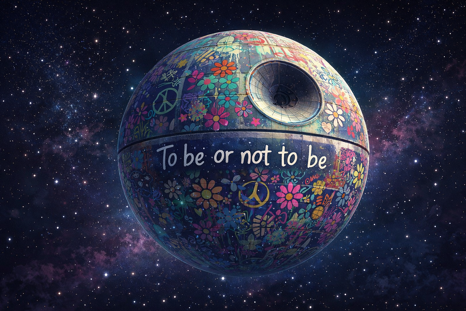Илюстрация на космическа сфера, вдъхновена от Death Star, изрисувана с цветя и графити, символизираща дилемата за изкуствения интелект и човешкия избор