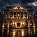 Federal Reserve Bank of New York building at night