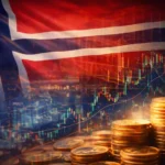 Суверенният фонд на Норвегия – визуална концепция с норвежко знаме, финансови графики и златни монети