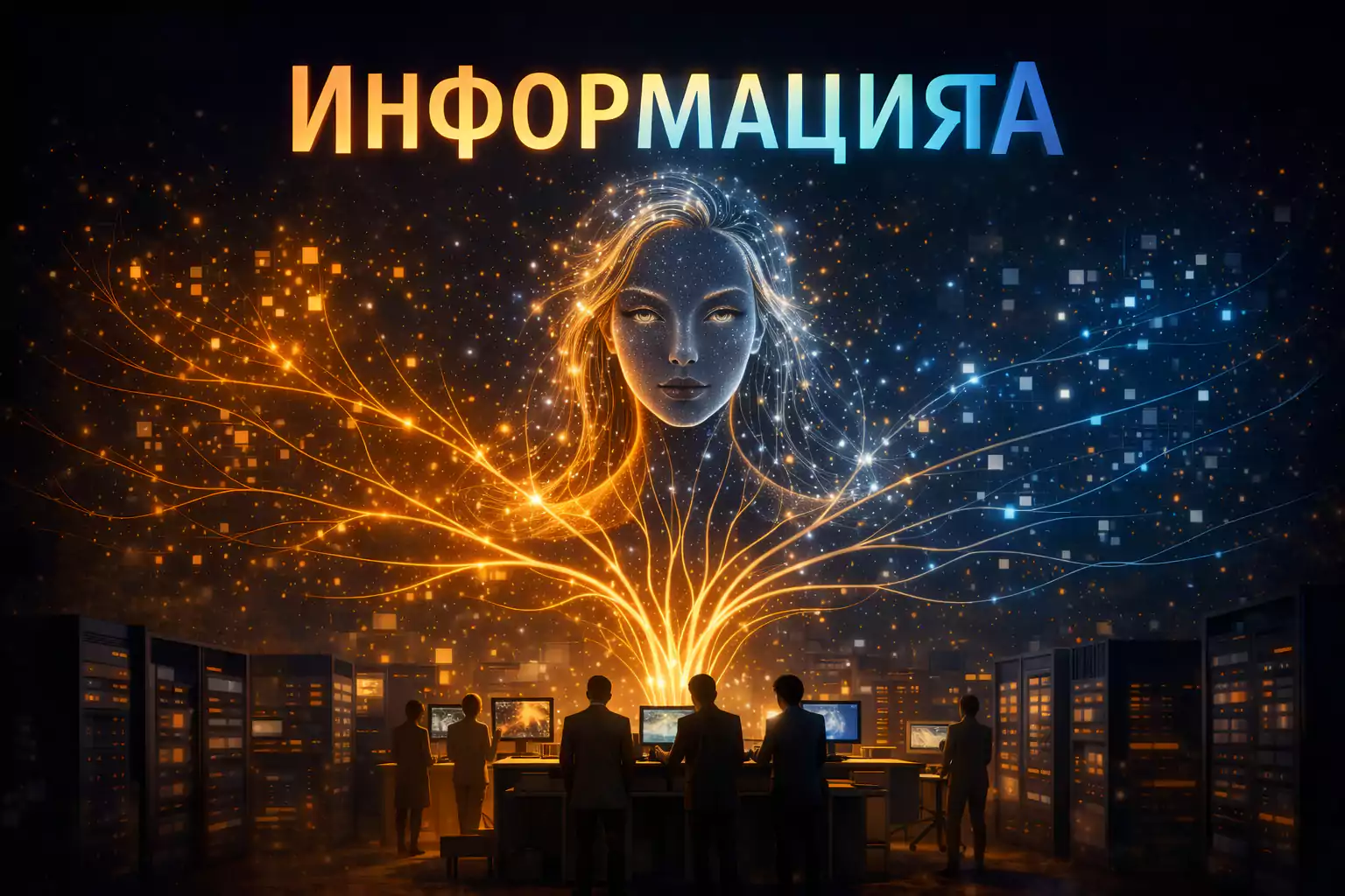 Информация като дигитална мрежа – жена от светлинни линии над сървъри и данни