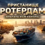 Пристанището в Ротердам с контейнерни кораби и кранове при залез — най-голямото пристанище в Европа и основна логистична врата към германската индустрия