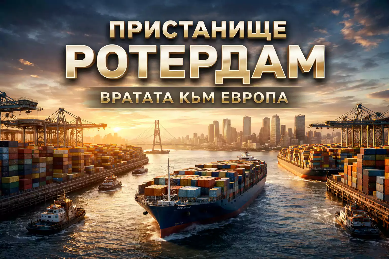 Пристанището в Ротердам с контейнерни кораби и кранове при залез — най-голямото пристанище в Европа и основна логистична врата към германската индустрия