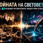 Изображение, показващо сблъсъка между традиционната музикална индустрия и изкуствения интелект в създаването на музика
