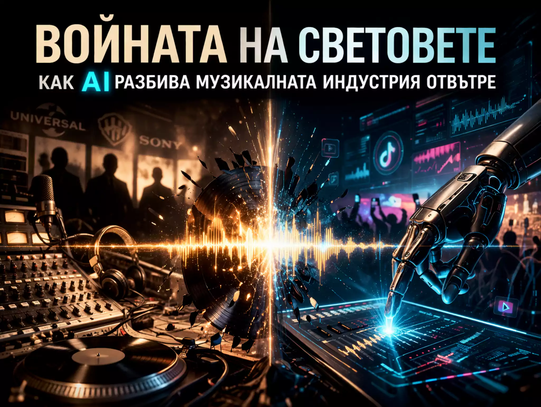 Изображение, показващо сблъсъка между традиционната музикална индустрия и изкуствения интелект в създаването на музика