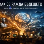 Илюстрация на технологично развитие от DARPA към изкуствен интелект, с мрежа от свързани технологии като роботика, сателити и дигитални системи