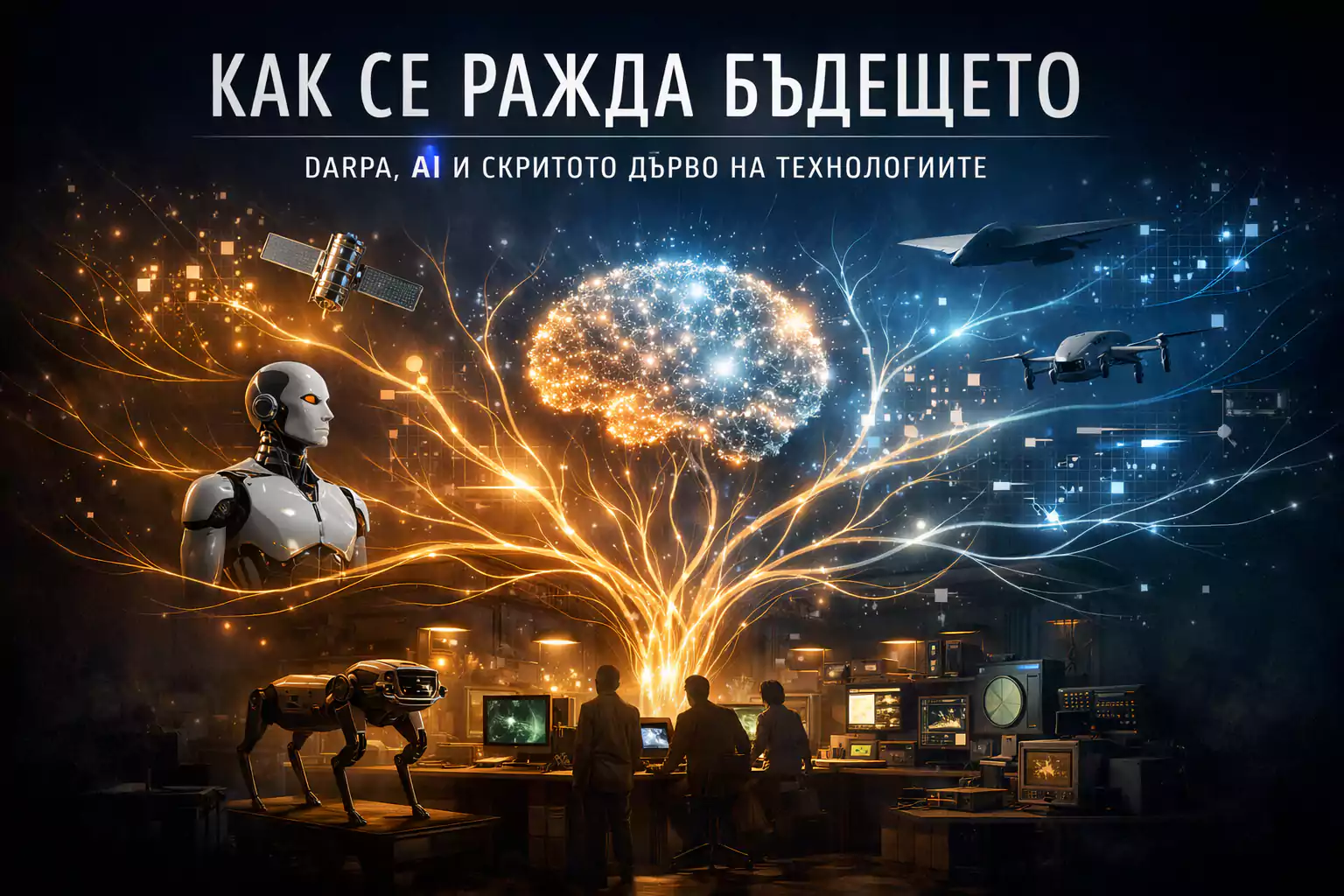 Илюстрация на технологично развитие от DARPA към изкуствен интелект, с мрежа от свързани технологии като роботика, сателити и дигитални системи