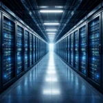 Редове от сървърни шкафове в модерен дата център – физическата инфраструктура на интернет