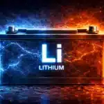 Литиево-йонна батерия със символ Li, представяща прехода към електрическа енергия