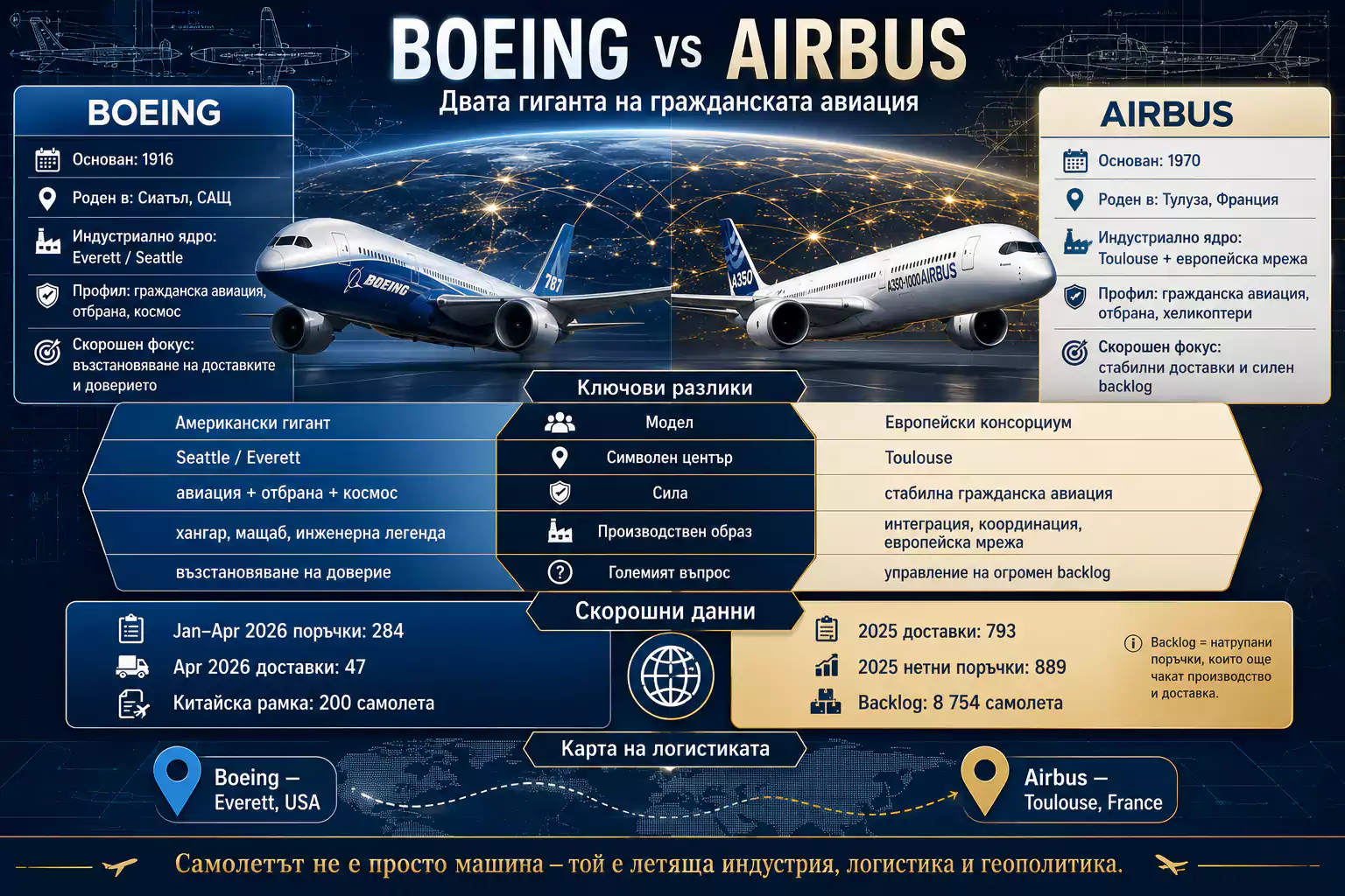 Инфографика, сравняваща Boeing и Airbus по история, индустриални центрове, профил, доставки, поръчки, backlog и роля в глобалната авиационна логистика.