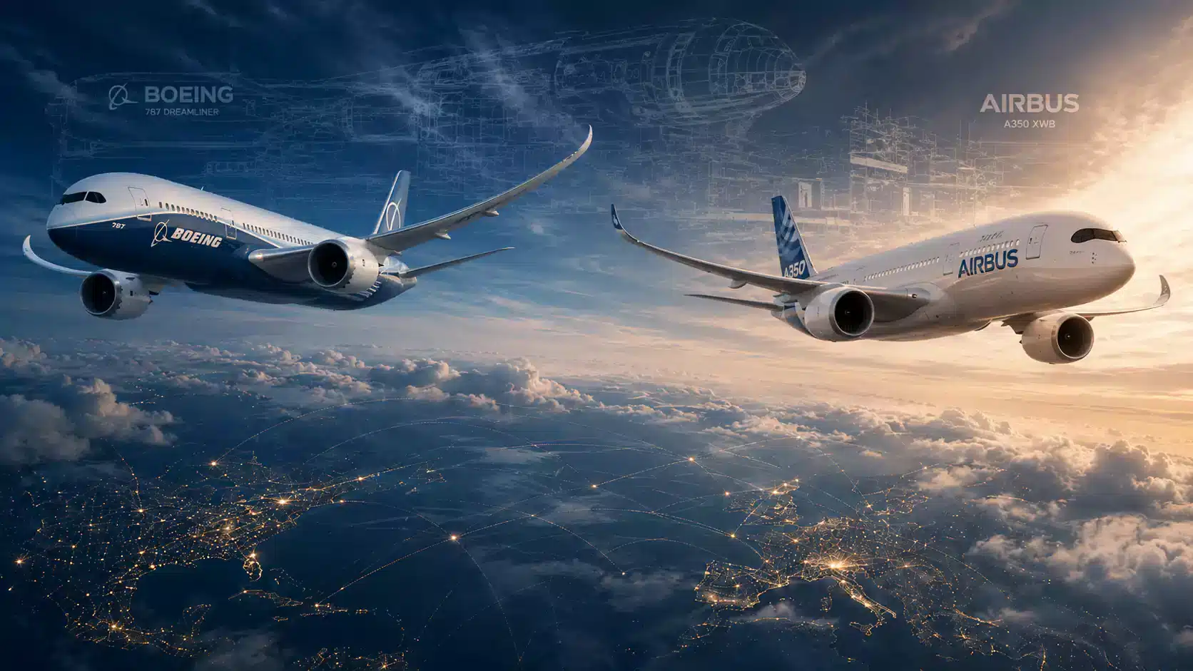 Два пътнически самолета Airbus и Boeing летят над светеща карта на света с въздушни маршрути, символизирайки глобалната авиационна индустрия и логистика.