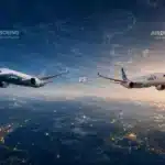 Два пътнически самолета Airbus и Boeing летят над светеща карта на света с въздушни маршрути, символизирайки глобалната авиационна индустрия и логистика.