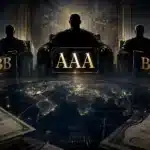 Трима монументални съдии над световна карта, символизиращи кредитните рейтингови агенции и оценката на държавния дълг.
