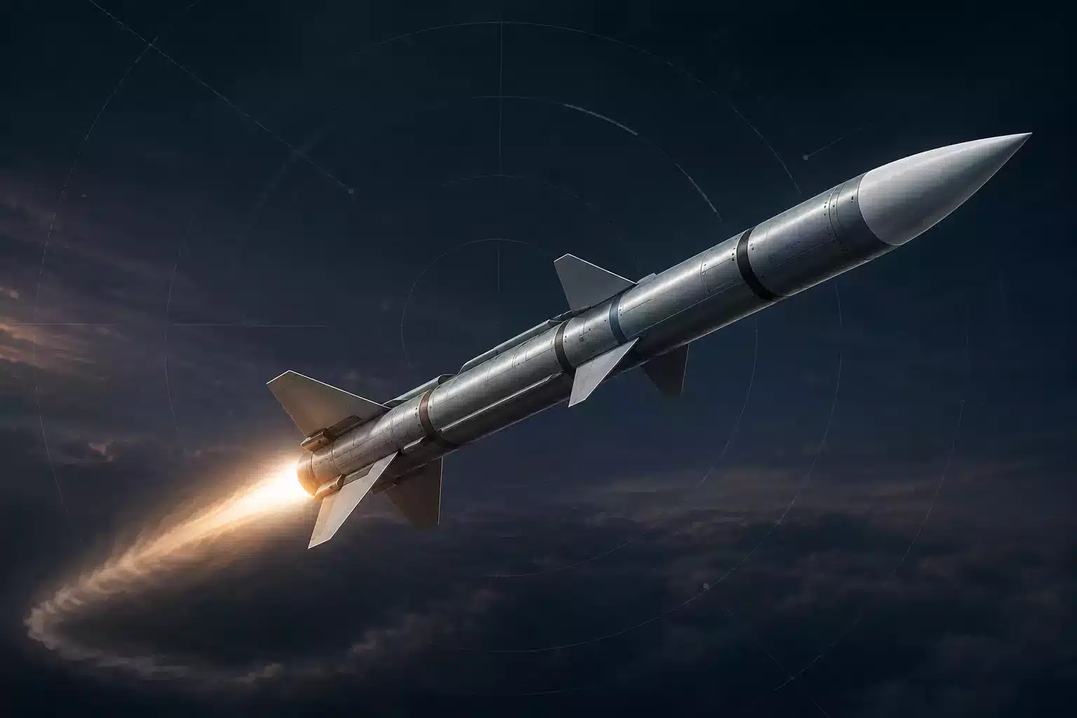 AIM-120 AMRAAM ракета в полет, символизираща ключовото далекобойно въоръжение за българските F-16 Block 70.