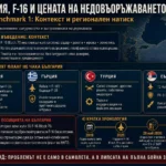 Инфографика за регионалния натиск около България, включително Румъния, Гърция, Турция и Сърбия, и контекста на българските F-16 Block 70.