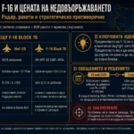 Инфографика, сравняваща радара, ракетите и тактическата логика на МиГ-29 и F-16 Block 70, включително AIM-120 AMRAAM и отложения пакет ракети.