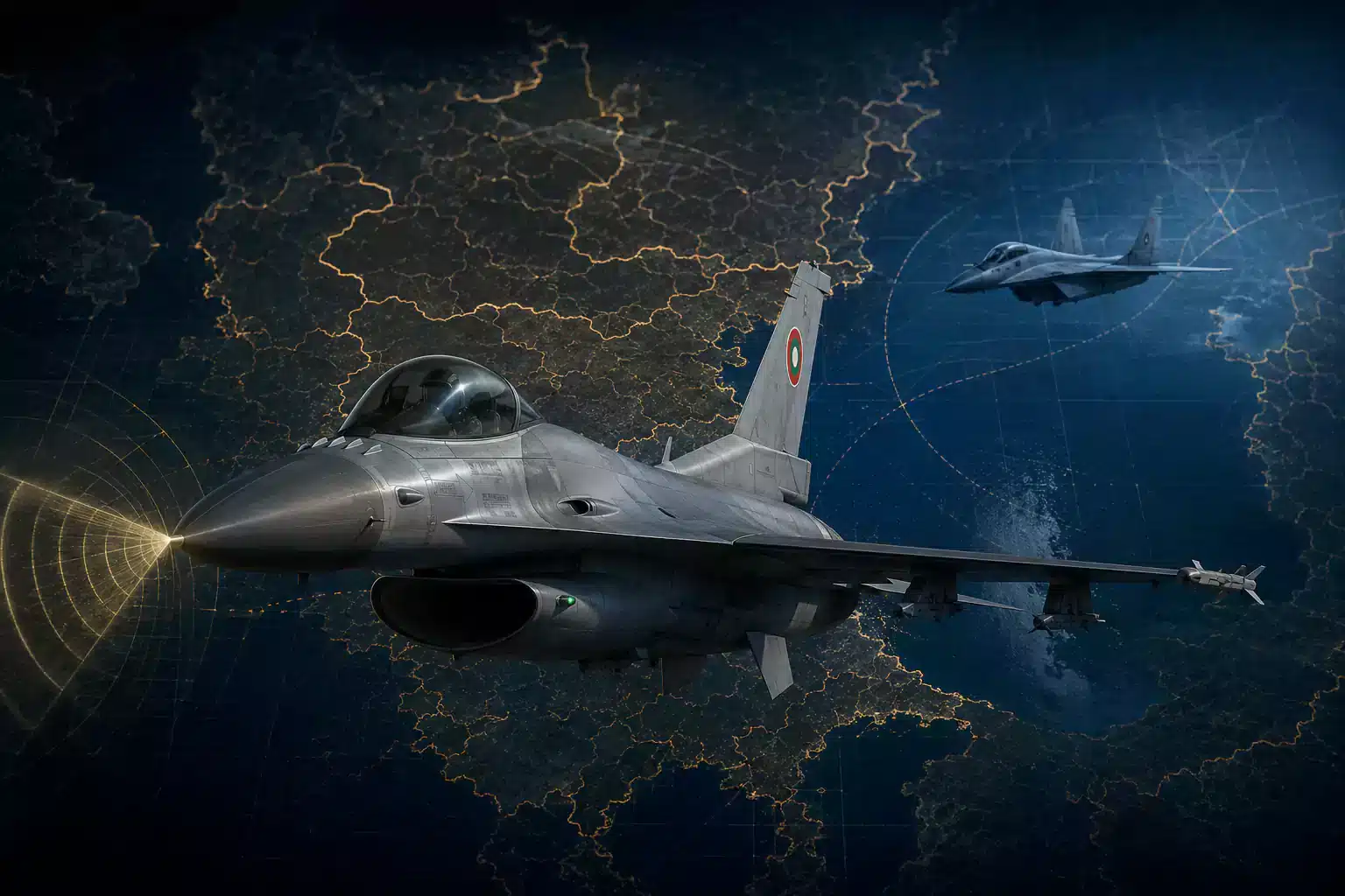 Български F-16 Block 70 над Черно море и Югоизточна Европа, символизиращ модернизацията на ВВС и отложения пакет ракети AMRAAM.