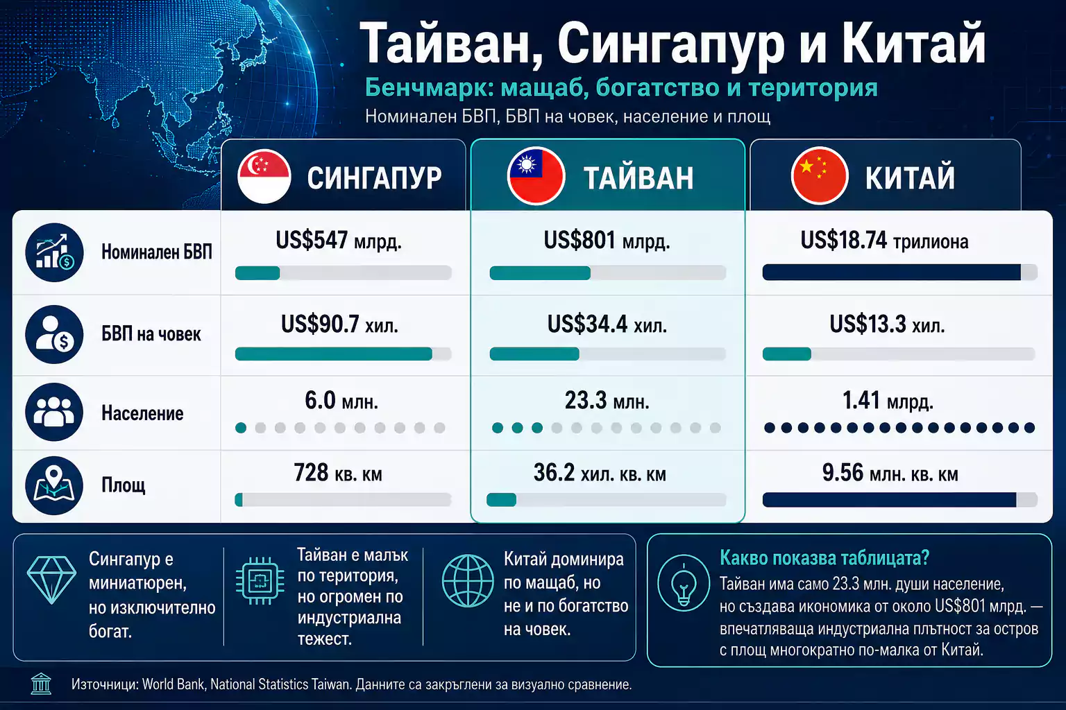 Макроикономическо сравнение между Тайван, Сингапур и Китай по БВП, БВП на човек, население и територия