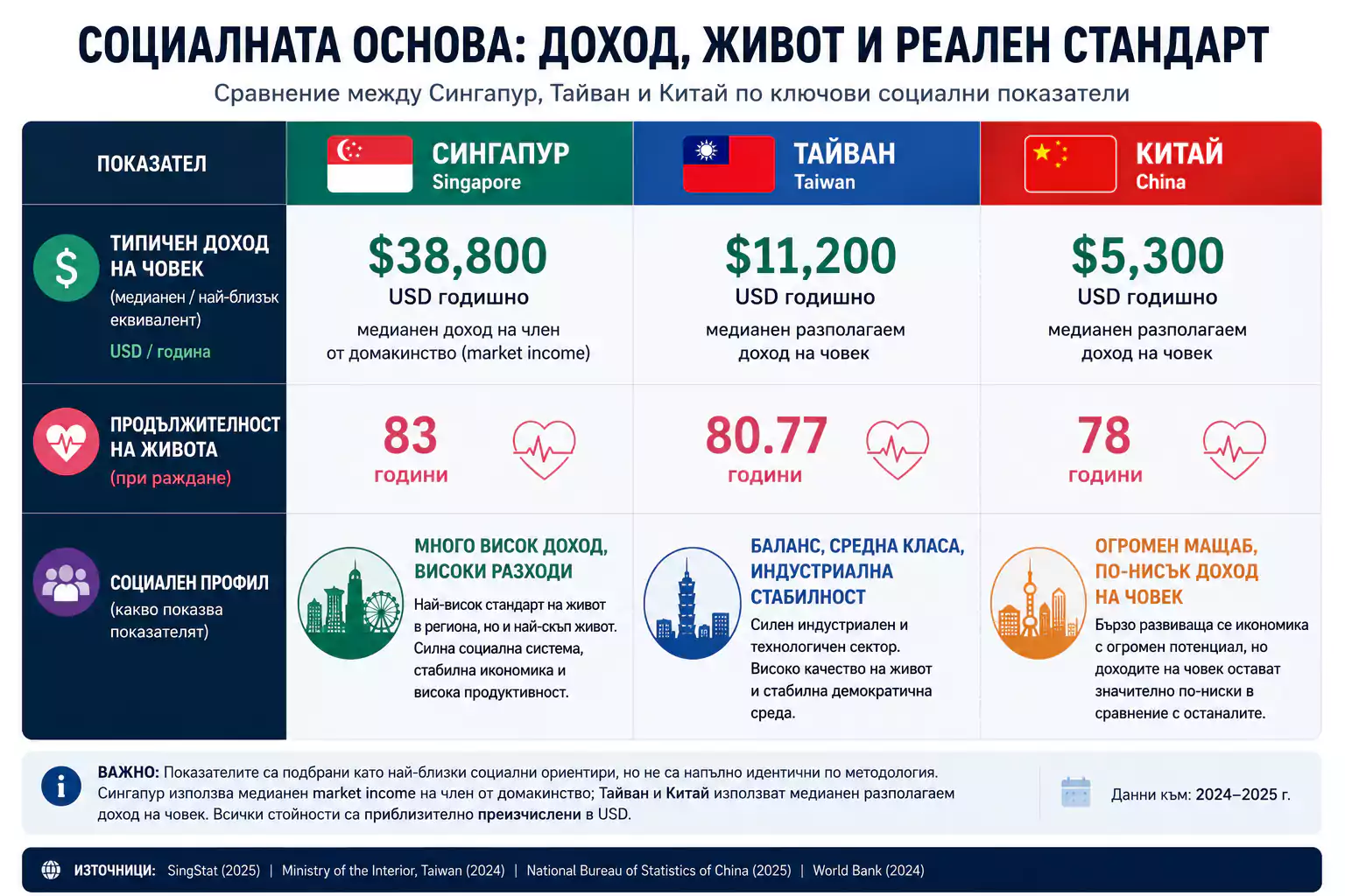 Социален benchmark между Тайван, Сингапур и Китай по типичен доход на човек, продължителност на живота и социален профил