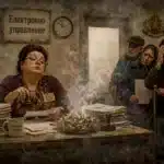 Сатирично изображение на претоварена държавна администрация с димна стая, дълга опашка от граждани и чиновничка зад бюро, използвано като thumbnail към статията „Работи ли държавата? Алгоритъм за одит на властта“.