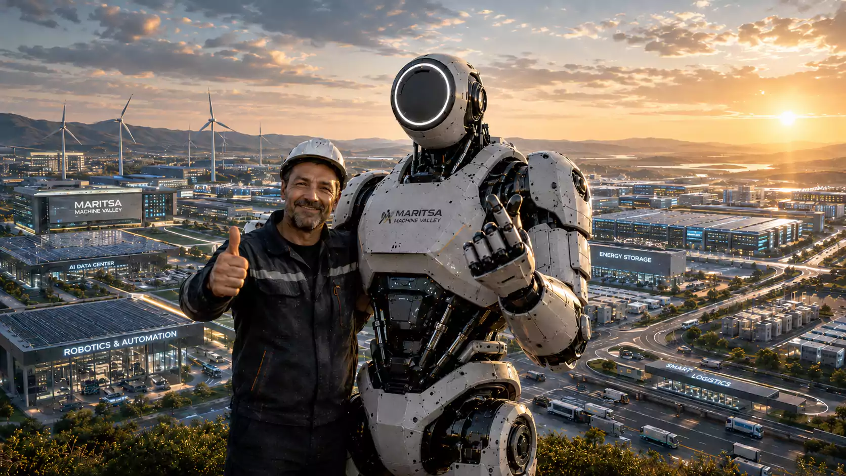 Работник от Маришкия басейн и Atlas-подобен робот пред футуристичния Maritsa Machine Valley кампус