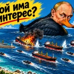Сатирична карикатура на Владимир Путин като патица над Черно море, с атакувани търговски кораби край българското крайбрежие.