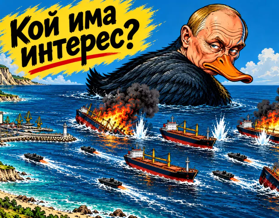 Сатирична карикатура на Владимир Путин като патица над Черно море, с атакувани търговски кораби край българското крайбрежие.