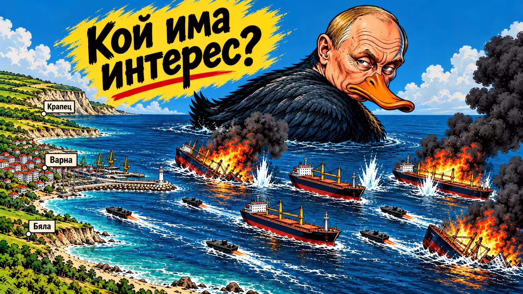Сатирична карикатура на Владимир Путин като патица над Черно море, с атакувани търговски кораби край българското крайбрежие.
