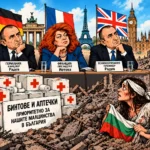 Политическа карикатура с Радев и Йотова като въображаеми европейски лидери, отказващи военна помощ на нападната България.