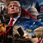 Редакционен колаж с Доналд Тръмп, американския Капитолий, нефтени съоръжения и графики, символизиращи политическите и икономическите кризи в САЩ.