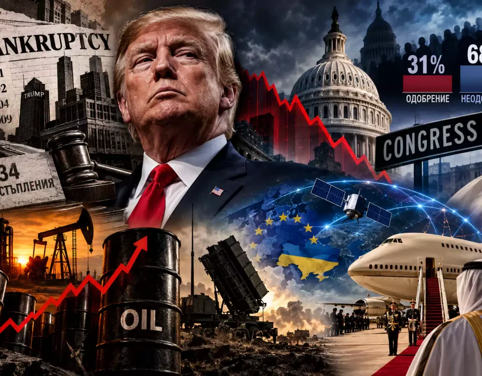 Редакционен колаж с Доналд Тръмп, американския Капитолий, нефтени съоръжения и графики, символизиращи политическите и икономическите кризи в САЩ.