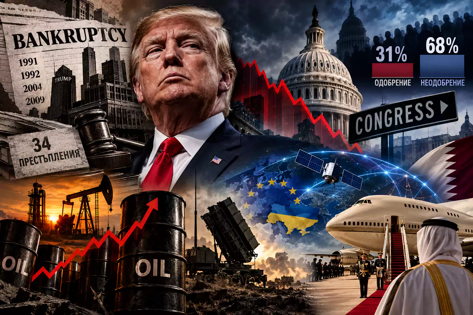 Редакционен колаж с Доналд Тръмп, американския Капитолий, нефтени съоръжения и графики, символизиращи политическите и икономическите кризи в САЩ.